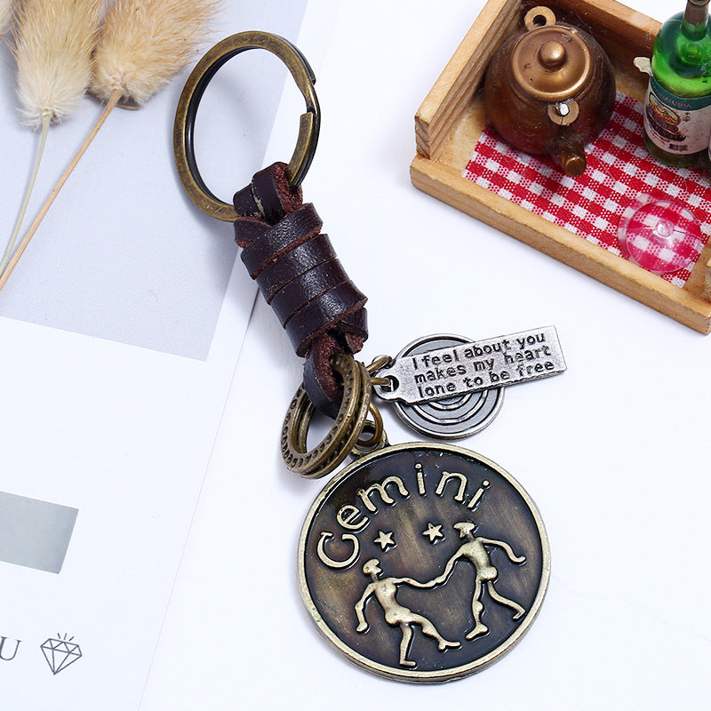 Wholesale Retro Woven 12 Constellation Cowhide Keychain